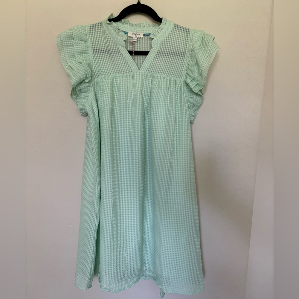 Umgee Mint Green Seersucker Babydoll Dress M NWT Ruffle Sleeve Spring Gingham